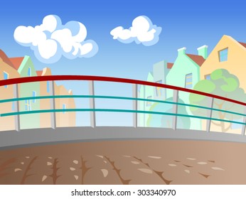 Summer day.Vector illustration of a bridge across a river in the city,with buildings and trees in background.Empty space leaves room for design elements,custom signs or text.Postcard.Poster.Background