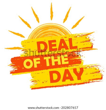 summer deal of the day banner - text in yellow and orange drawn label with sun symbol, business seasonal shopping concept, vector