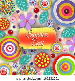 Summer deal. Offer tag, motivational background. Discount. Flowers made of acrylic, Watercolor, handmade, from original canvas art. Grunge paint banner with brush stroke effect. 3d shadows.