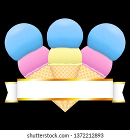 Summer decoration element. Three ice cream with shiny gold ribbon. Pink and blue scoop in sweet wafers, on black isolated background. Space for the text.