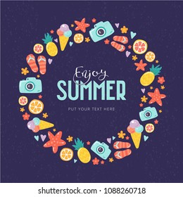 Summer decoration round element with cute flat icons and text "Enjoy Summer" inside. Colorful banner with the signs of camera, ice-cream, starfish, pineapple, orange, grapefruit, flip-flops, hearts.