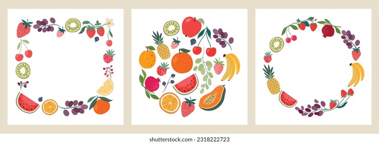 Summer decorative collection with healthy fresh fruits frames and wreath, vector design, elements isolated on white 