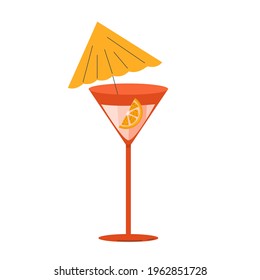 Summer for decorative design. Cocktail glass with umbrella and orange, a refreshing summer drink, isolated on white background. Vector illustration in a flat linear style. Cocktail glass