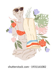 Summer decorative element or print design with Greek sculpture of Venus goddess in swimsuit and with beach towel among leaves and flowers, flat vector illustration isolated on white background.