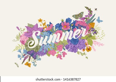 Summer. Decorative floral element. Garden flowers. Vintage vector botanical illustration. Colorful