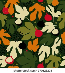 Summer decorative floral pattern, seamless background with fruits and leaves, vector nature texture