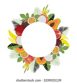 Summer. Decorative frame  with tropical fruits and leaves. Vector illustration with papaya, pomegranate, passion fruit, banana, dragon fruit and palm leaves.