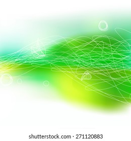 Summer decorative hand drawing field background with lines and leaves. Abstract vector. Linear illustrations. Green colors.