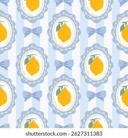 Verão decorativo sem emenda padrão com limões, molduras ovais e arcos encantadores, papel de parede retro sazonal