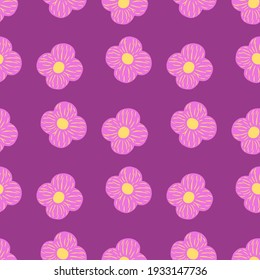 Sommerdekorative nahtlose Muster in lila und violetten Tönen mit schlichtem Blumenverzierung. Doodle-Stil. Vektorgrafik für saisonale Stoffdrucke, Stoffe, Banner, Hintergründe und Wallpaper.