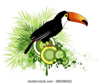 Summer decorative vector background with tropical flowers, green palm and bird