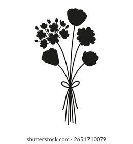 Buquê de flores silvestres delicado de verão, silhueta na cor preta. Um monte de flores amarradas com fitas. Ilustração vetorial para projetos de design