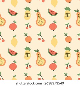 Summer delicious fruit seamless pattern. Tropical vector background, wallpaper with papaya, pineapple, apple, watermelon, lemon, pineapple, cherry for scrapbooking, textiles. 
