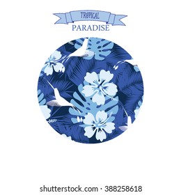 Summer denim camouflage hawaiian background with tropical plants and hibiscus flowers, vector illustration