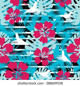 Summer denim camouflage hawaiian seamless pattern with tropical plants and hibiscus flowers, vector illustration