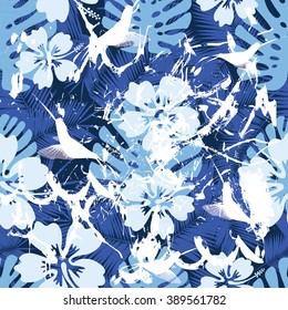 Summer denim camouflage hawaiian seamless pattern with colibri and hibiscus flowers and splashes vector illustration