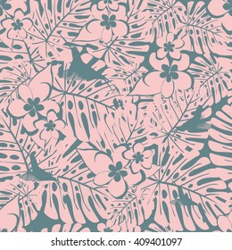 Summer denim camouflage hawaiian seamless pattern with tropical plants and hibiscus flowers, vector illustration