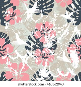 Summer denim camouflage hawaiian seamless pattern with hibiscus flowers and splashes vector illustration