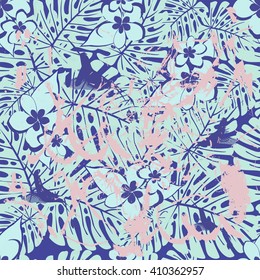 Summer denim camouflage hawaiian seamless pattern with colibri tropical plants and hibiscus flowers, vector illustration