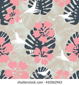 Summer denim camouflage hawaiian seamless pattern with hibiscus flowers and splashes vector illustration