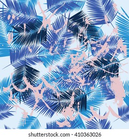 Summer denim camouflage hawaiian seamless pattern with tropical plants and hibiscus flowers, vector illustration