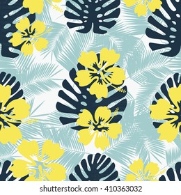 Summer denim camouflage hawaiian seamless pattern with hibiscus flowers and splashes vector illustration