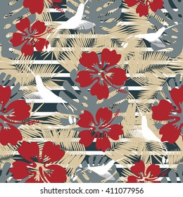 Summer denim camouflage hawaiian seamless pattern with tropical plants,hibiscus flowers on the striped background.Vector illustration You can use it in textile design, greeting cards, graphic design. 