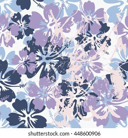 Summer denim camouflage hawaiian seamless pattern with tropical plants and hibiscus flowers, with splashes vector illustration