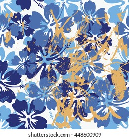 Summer denim camouflage hawaiian seamless pattern with tropical plants and hibiscus flowers, with splashes vector illustration