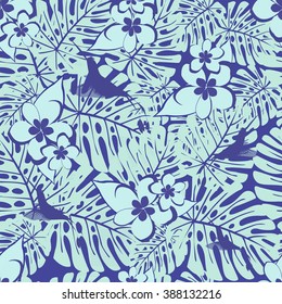 Summer  denim hawaiian seamless pattern with tropical plants, vector illustration
