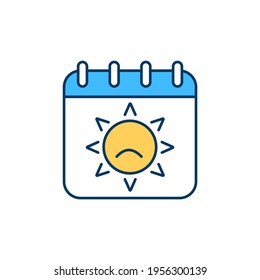 Summer depression RGB color icon. Summertime blues. High temperatures impact. Episodic illness. Summer-onset anxiety. Environmental factors. Seasonal affective disorder. Isolated vector illustration