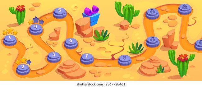 Summer desert game road map pattern background. Fairy kid mobile app interface design with cactus, stone and ui level boulder button on path. Gui plan illustration with numbers and hot landscape