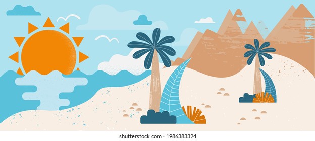 Summer desert landscape illustration banner. The scene with the beach, palm trees, plants, the sea, and sunset. Mountains in the back. Flat design vector banner concept. Still summer life details. 
