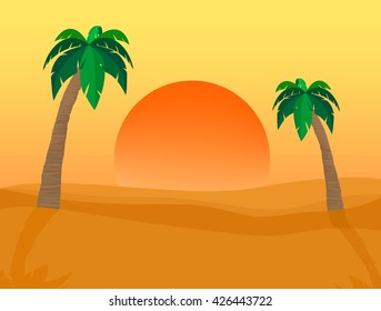 Summer desert landscape with two palm trees on the sides with a spectacular sunrise with orange sun over the sandy dunes with shadow of palm trees, stems and leaves and orange sky