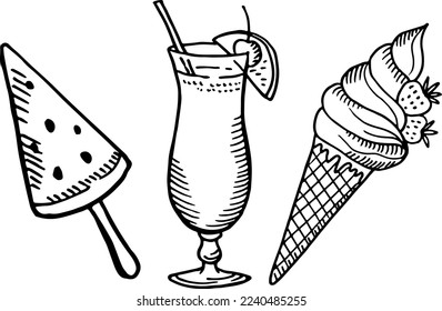 Summer deserts sketch. Sweet drink and ice cream