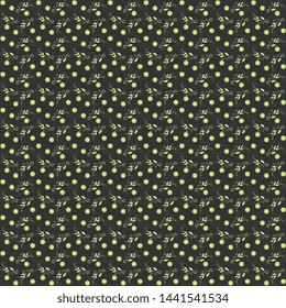 Summer design, artistic. Seamless vector pattern with different tons of green flowers and beautiful curled twigs scattered on a black background. Abstract beautiful illustration.