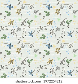 Summer design. Summer background. Seamless vector pattern from blue yellow flowers and green leaves, hearts, points, contour elements, on a bluish background, textured. Cute illustration.