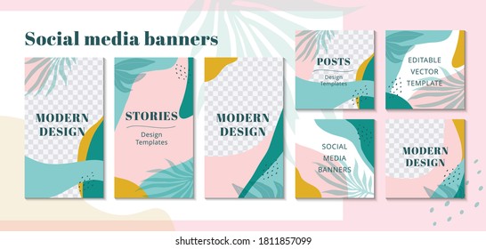 Escenarios de verano para aplicaciones de medios sociales con formas abstractas y hojas de dibujo a mano. Conjunto de plantillas de banners editables.Burla de historias tropicales para blog o tienda. Ilustración del vector