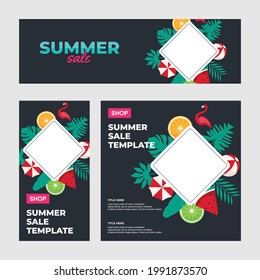 Summer design backgrounds for social media apps with abstract shapes and tropical leaves beach element. Set of editable banners templates .Tropical story mockup for blog or shop. Vector illustration