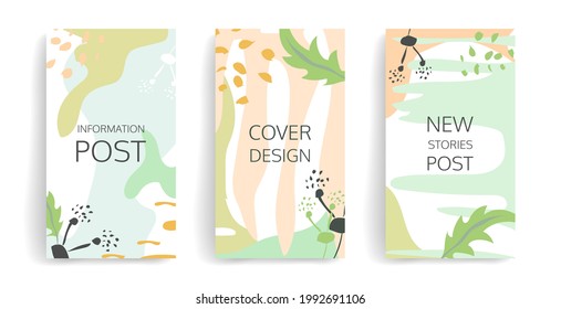 Summer design backgrounds for social media apps with abstract shapes and leaves. Set of editable banners, templates with copy space for text. Tropical story layout for blog. Vector illustration