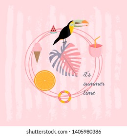 Summer design. Banner template.  It's summer time text. Elements on pink texture  background with circles frame. 