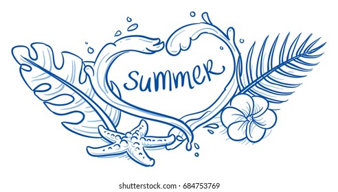 Summer design banner with summer typography in water splash heart, leafs, flower and starfish. Hand drawn line art doodle vector illustration.