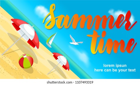 Summer Design. Beach Background. Hand Drawn Lettering Vector. Summer Time. Beach umbrellas, ball and sand.