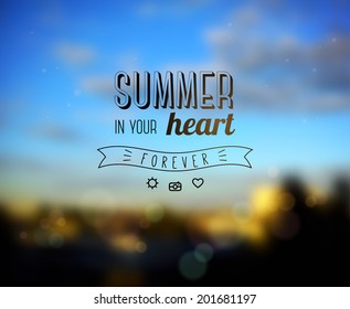 Summer Design with Blur horizon background. Typography retro label with ribbon.