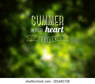 Summer Design with Blur leaves background. Typography retro label with ribbon.