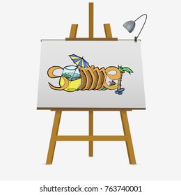 Summer design with cocktail, palm and umbrella. Hand drawn vector illustration
