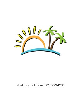 Diseño de verano con cocoteros, sol y mar.