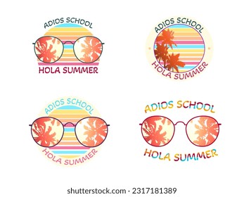 Summer design collection Adios School, Hola Summer text with a sunglasses and palm trees silhouettes. Vector illustration isolated on a white background 