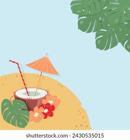 Concepto de diseño de verano con cóctel en medio coco con paja, sombrilla y flores en la playa de arena
