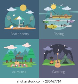 Summer design concept set with beach sports fishing active camping flat icons isolated vector illustration